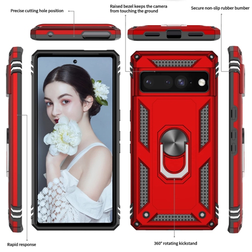 Pour Pixel 7 Pro de Google, béquille en anneau pour pare-chocs militaires en TPUR/antichoc/étui en silicone pour Pixel 7 Pro de Google, rouge