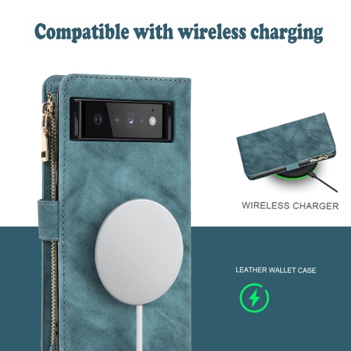 Google Pixel 6 6.4 inch Wallet Cover with Card Holder RFID Blocking -Crossbody Zipper Wallet case- Pixel 6 étui de portefeuille-Blue