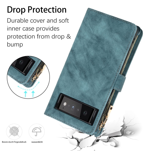 Google Pixel 6 6.4 inch Wallet Cover with Card Holder RFID Blocking -Crossbody Zipper Wallet case- Pixel 6 étui de portefeuille-Blue