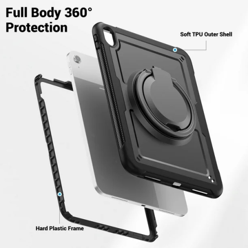 [CS] Shockproof Rugged Defender Case with Rotate Ring Folding Stand for iPad 10th Gen. / iPad 11th Gen., Black