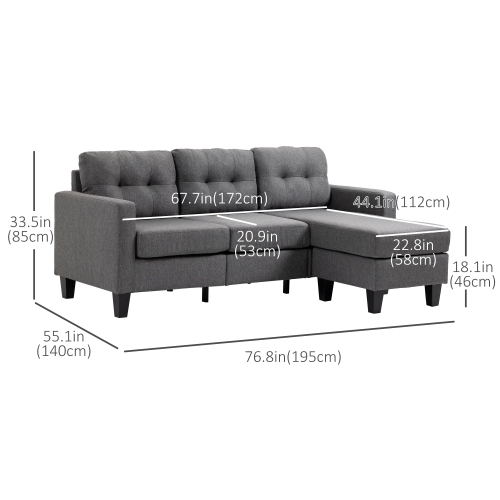 HOMCOM Sectional Sofa with Changeable Chaise, 3 Seater Corner Sofa with Ottoman, L Shape Couch with Thick Padded Cushion for Living Room, Office,