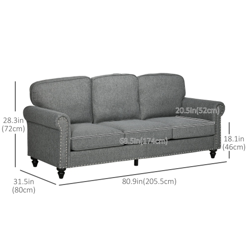 HOMCOM 3-Seater Sofa Couch, 81" Modern Upholstered Linen Fabric Sofa with Rubberwood Legs, Nailhead Trim and Rolled Arms for Living Room, Bedroom and