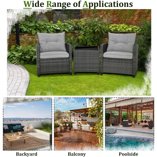 Gymax 3PCS Patio Rattan Sofa Set Outdoor Wicker Conversation Set Glass Tabletop w/ Grey Cushion