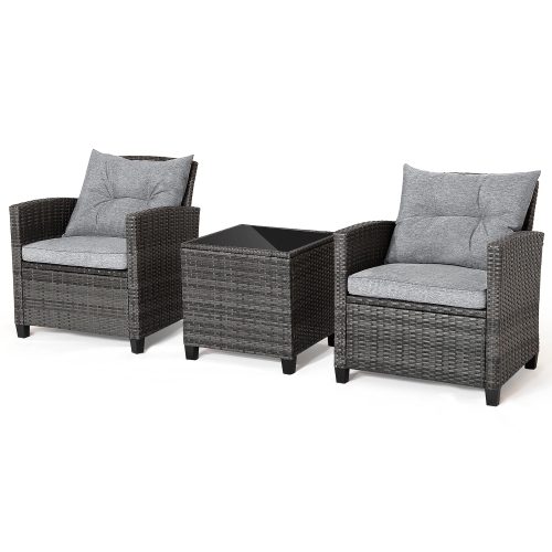 Gymax 3PCS Patio Rattan Sofa Set Outdoor Wicker Conversation Set Glass Tabletop w/ Grey Cushion