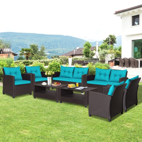 GYMAX  8PCs Outdoor Conversation Set Patio Pe Rattan Set W/ Glass Table & Sofa Cushions