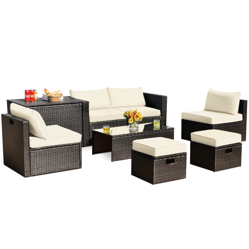 Gymax 8PCS Patio Rattan PE Wicker Conversation Set All-Weather Furniture Set w/ Cushions