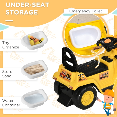 Aosom Kids Ride-on Excavator with Grabber, Pulling Cart with Under Seat Storage, No Power Kids Construction Truck with Realistic Sound, Gifts for Age