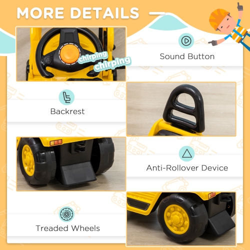 Aosom Kids Ride-on Excavator with Grabber, Pulling Cart with Under Seat Storage, No Power Kids Construction Truck with Realistic Sound, Gifts for Age