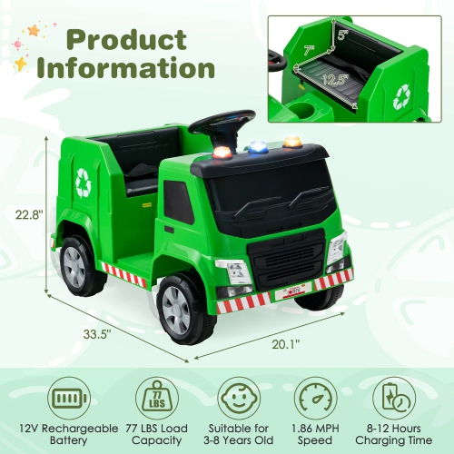 Gymax 12V Recycling Garbage Truck Electric Ride On Toy Remote w/Recycling Accessories