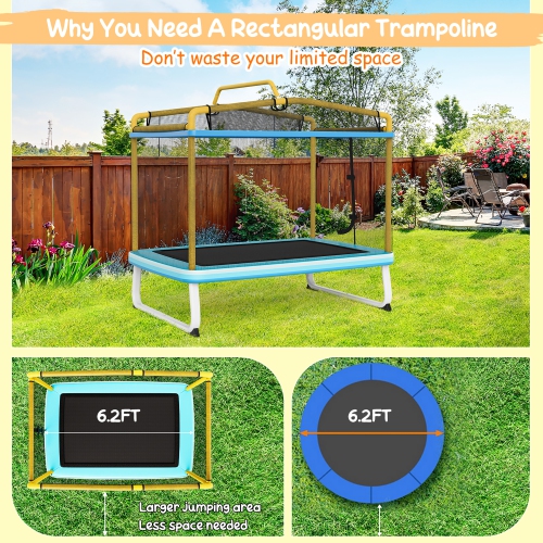 Trampoline rectangulaire 3 en 1 pour enfants de 6 pieds GYMAX, avec barre horizontale pivotante et filet de sécurité extérieur jaune