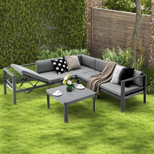 Gymax 3PCS Patio Furniture Set Aluminum Lounge Adjust Back Recliner Sofa Table Cushion