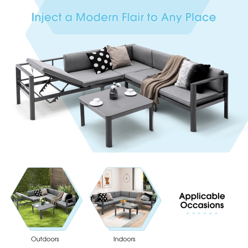 Gymax 3PCS Patio Furniture Set Aluminum Lounge Adjust Back Recliner Sofa Table Cushion