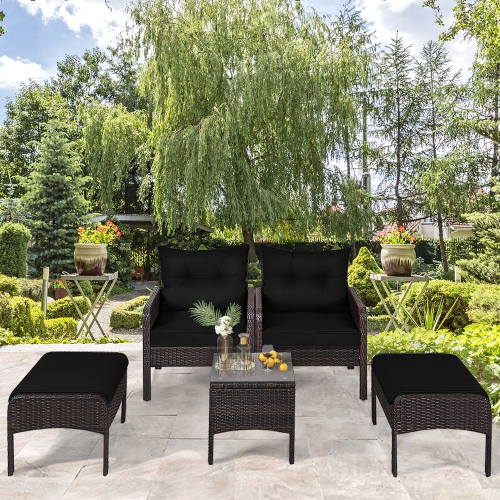 Gymax 5PCS Patio Set Sectional Rattan Wicker Furniture Set w/ Black Cushion