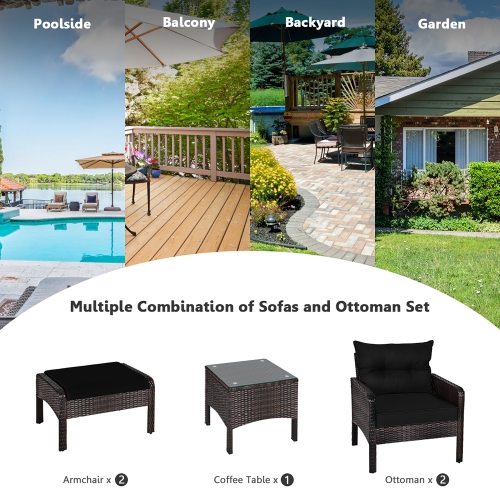 Gymax 5PCS Patio Set Sectional Rattan Wicker Furniture Set w/ Black Cushion