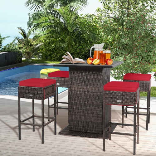 GYMAX  5PCs Patio Bar Set Rattan Bar Furniture Set W/ Table & 4 Cushioned Stools In Red