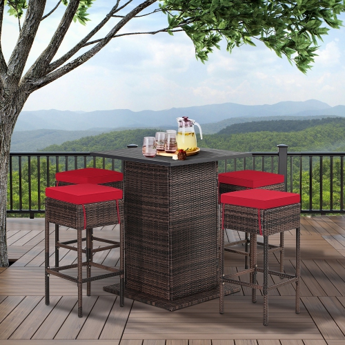Gymax 5PCS Patio Bar Set Rattan Bar Furniture Set w/ Table & 4 Cushioned Stools Red