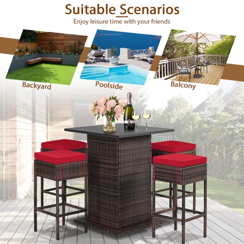 Gymax 5PCS Patio Bar Set Rattan Bar Furniture Set w/ Table & 4 Cushioned Stools Red