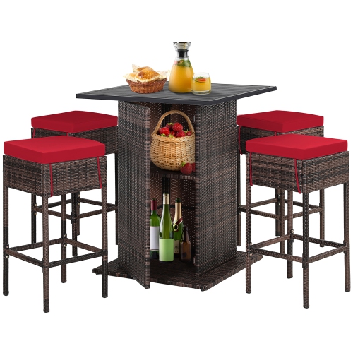 Gymax 5PCS Patio Bar Set Rattan Bar Furniture Set w/ Table & 4 Cushioned Stools Red