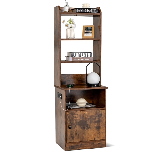 GYMAX  Nightstand Bedside End Side Table Bookshelf W/ Charging Station