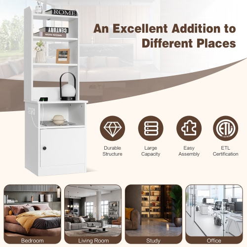 Gymax Nightstand Bedside End Side Table Bookshelf w/ Charging Station