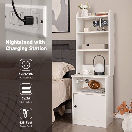 Gymax Nightstand Bedside End Side Table Bookshelf w/ Charging Station