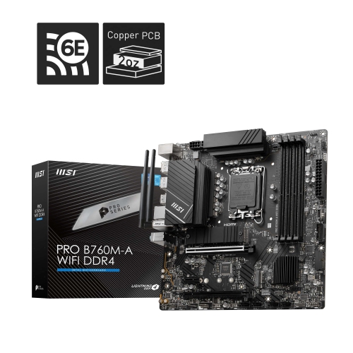 MSI PRO B760M-A WIFI DDR4 LGA 1700 SATA 6Gb/s Micro ATX Motherboard,WiFi 6,Intel,2.5Gb LAN