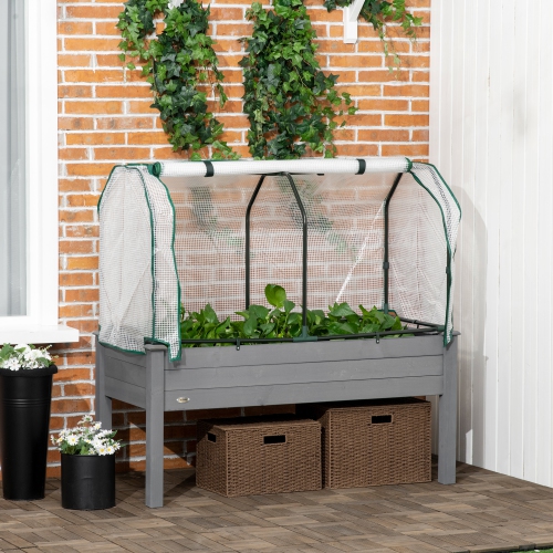 Outsunny Raised Garden Bed with PE Greenhouse Cover Outdoor Elevated Wood Planter Box for Herbs and Vegetables, Use for Patio, Backyard, Balcony, 48