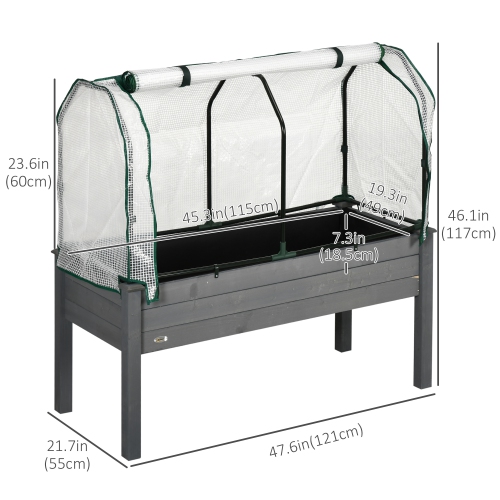 Outsunny Raised Garden Bed with PE Greenhouse Cover Outdoor Elevated Wood Planter Box for Herbs and Vegetables, Use for Patio, Backyard, Balcony, 48