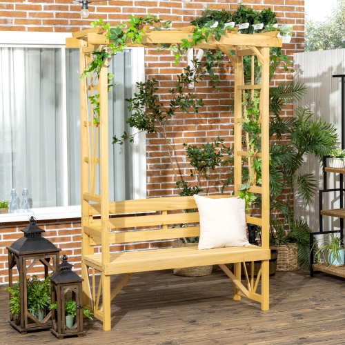 Pergola en arche de patio d’Outsunny avec banc en bois naturel, banc d’extérieur ergonomique pour plantes grimpantes/vignes, idéal pour l’espace