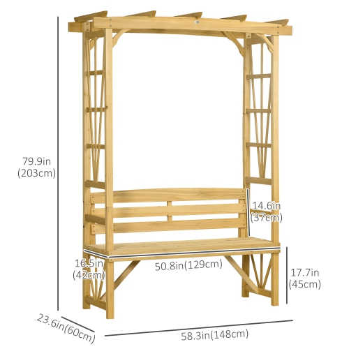 Pergola en arche de patio d’Outsunny avec banc en bois naturel, banc d’extérieur ergonomique pour plantes grimpantes/vignes, idéal pour l’espace