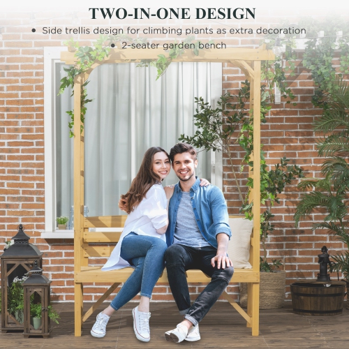 Pergola en arche de patio d’Outsunny avec banc en bois naturel, banc d’extérieur ergonomique pour plantes grimpantes/vignes, idéal pour l’espace