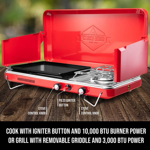 Hike Crew 2-in-1 Gas Camping Stove, Portable Grill & Camp Stove, Propane Burner with Igniter, Red