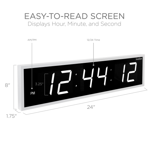 Ivation 24 inch Large Digital Wall Clock, LED Digital Clock with Timer, Alarm, and Remote, White