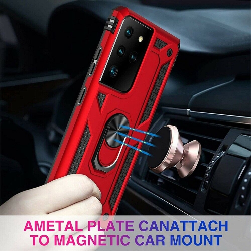 Samsung Galaxy S21 5G Case Red Military Grade 360 Degree Rotating Metal Magnetic Ring Car Mount Holder Kickstand Shockproof Heavy Duty Cover Galaxy