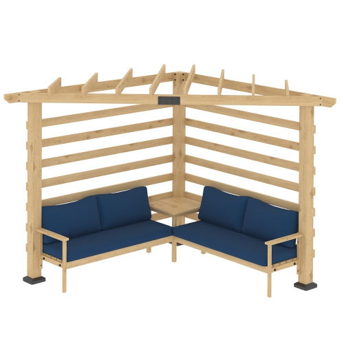 Outsunny 9' x 9' Corner Pergola with Conversation Set and Cushions, Fir Wood Outdoor Pergola with End Table for Climbing Plants, Natural and Blue