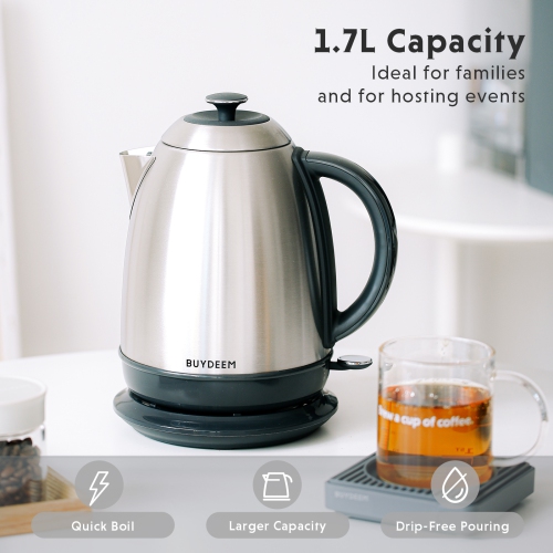 BUYDEEM K640 Stainless Steel Electric Tea Kettle with Auto Shut-Off and Boil Dry Protection, 1.7 Liter Cordless Hot Water Boiler with Swivel Base,