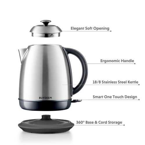 BUYDEEM K640 Stainless Steel Electric Tea Kettle with Auto Shut-Off and Boil Dry Protection, 1.7 Liter Cordless Hot Water Boiler with Swivel Base,