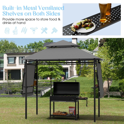 Gymax 13.5' x 4' Patio BBQ Grill Gazebo Side Awnings Shelves 2-Tier Canopy Outdoor