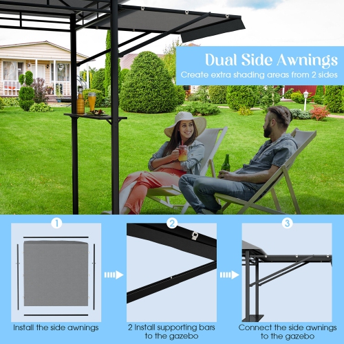 Gymax 13.5' x 4' Patio BBQ Grill Gazebo Side Awnings Shelves 2-Tier Canopy Outdoor