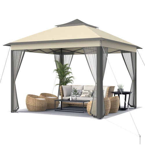 GYMAX  11 X 11 Ft Pop Up Gazebo 2-Tier Patio Canopy Tent Shelter W/ Carrying Bag Beige/brown
