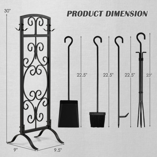 Gymax 5 Piece Fireplace Tools Wrought Iron Firewood Toolset with Decor Holder Black