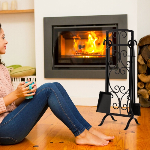 Gymax 5 Piece Fireplace Tools Wrought Iron Firewood Toolset with Decor Holder Black