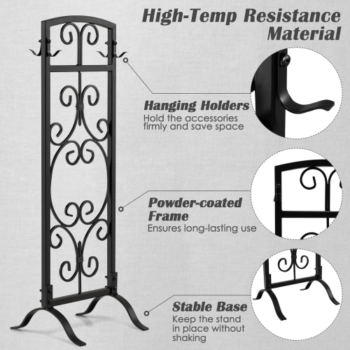 Gymax 5 Piece Fireplace Tools Wrought Iron Firewood Toolset with Decor Holder Black