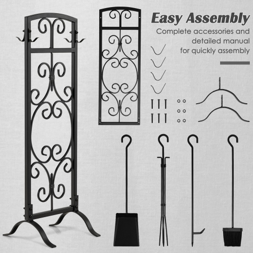 Gymax 5 Piece Fireplace Tools Wrought Iron Firewood Toolset with Decor Holder Black