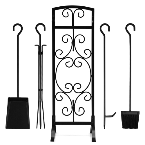 Gymax 5 Piece Fireplace Tools Wrought Iron Firewood Toolset with Decor Holder Black