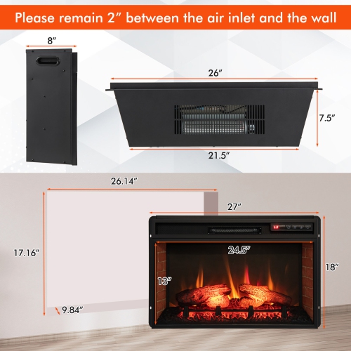 Gymax 1400W 26 Inch Electric Fireplace Insert 4777 BTU Recessed Freestanding Fireplace w/ Remote