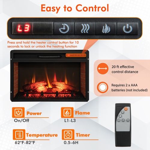 Gymax 1400W 26 Inch Electric Fireplace Insert 4777 BTU Recessed Freestanding Fireplace w/ Remote