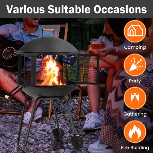 Gymax 28'' Patio Rolling Fire Pit Wood Burning Firepit w/ Wheels Mobile Fireplace