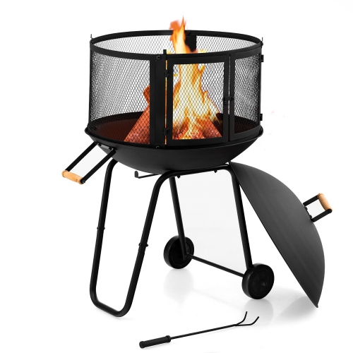 Gymax 28'' Patio Rolling Fire Pit Wood Burning Firepit w/ Wheels Mobile Fireplace
