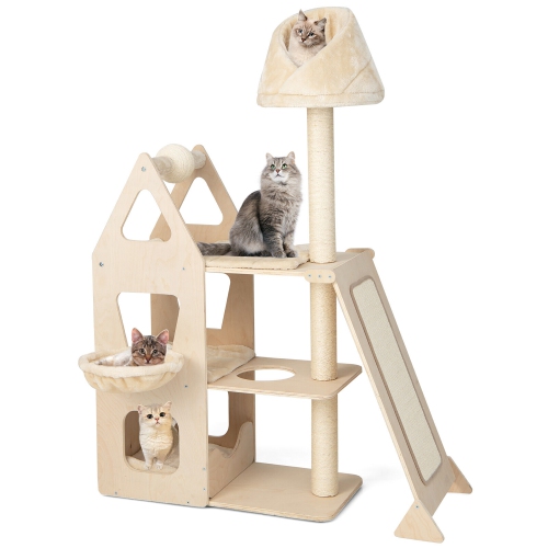 GYMAX  52" Tall Cat Tree W/ Scratching Post Ball & Board Plush Condo Padded Perch